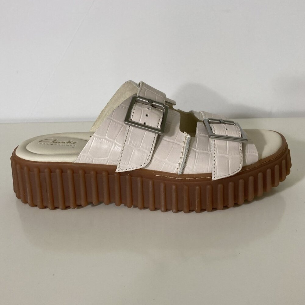 Clarks Sandals Womens Size 7 Torhill Cream Leather Buckle Comfort Slides Chunky